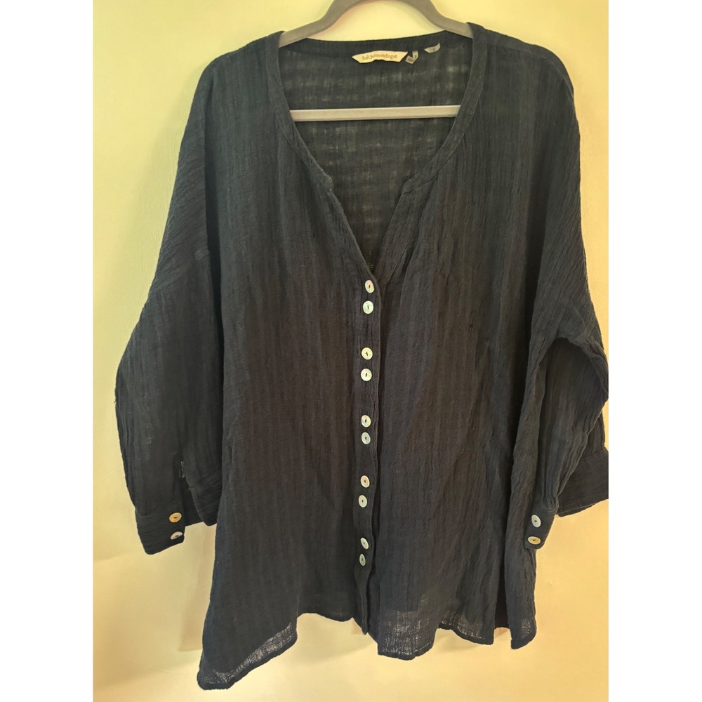 Soft Surroundings Black Linen-Cotton Top Sz. M Oversized Boho Beachy Lagenlook